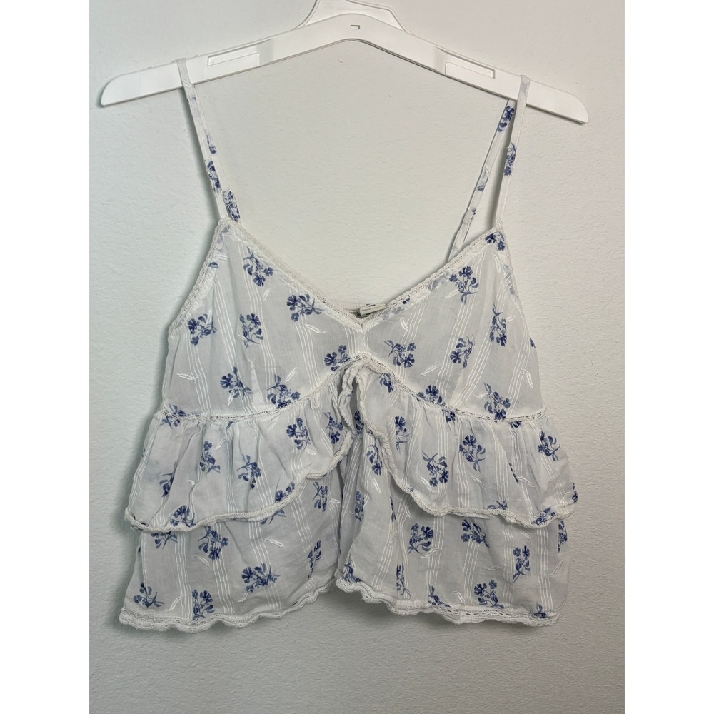 Joie Floral Ruffle Camisole Top White Blue Cotton Lace Trim Small